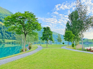 Islet Lungern from a bird's eye view at Lungern Lake or Lungerensee - Canton of Obwalden, Switzerland (Inseli Lungern aus der Vogelperspektive am Lungernsee - Kanton Obwald, Schweiz)
