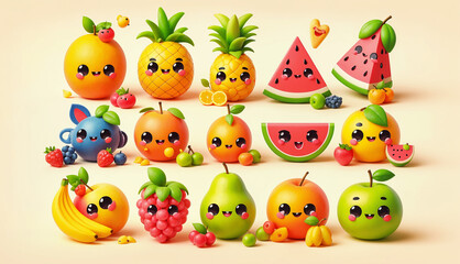 Naklejka premium A collection of vibrant 3D cartoon fruits with cheerful expressions, showcasing a playful mix of tropical and fresh produce