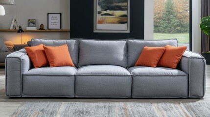 Contemporary living room in a well-designed furniture showroom featuring a modern sectional sofa, stylish lighting, and chic decor. Spacious and bright with a minimalist approach.