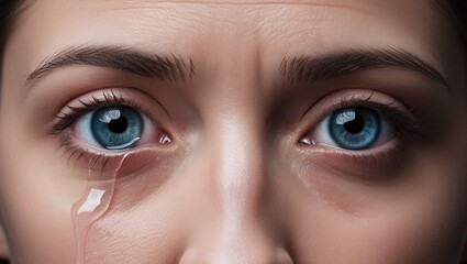 Naklejka premium Sadness anxiety human eye tear crying. Emotional distraught sad woman crying stressed, dealing with mental health problems, depression, anxiety and despair, selective focus