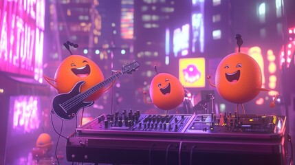 Fototapeta premium Cartoon orange characters playing music in a vibrant city night scene.