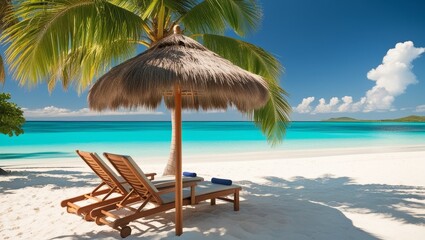 Fototapeta premium Luxury beach background with sun loungers and umbrellas and perfect sea view. Tranquil tropical beach scene for luxury travel and tourism concept or summer vacation holiday banner