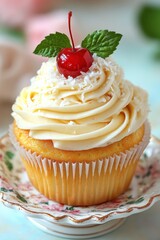 A delicious cupcake topped with creamy frosting, a cherry, and mint leaves on a decorative plate.