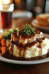 A plate of mashed potatoes topped with gravy, vegetables, and a drink in a cozy setting.
