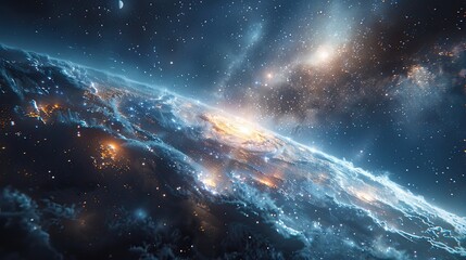 Obraz premium Stunning visualization of deep space showcasing colorful nebulae, stars, and distant planets in a cosmic landscape, perfect for astronomy themes