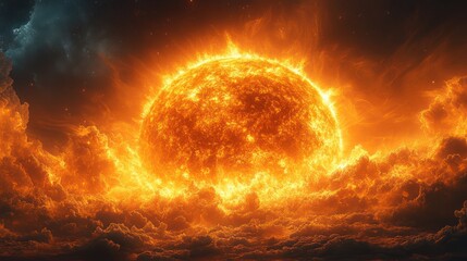 Obraz premium Fiery Celestial Body: A Glowing Star Emerging from Clouds of Fire