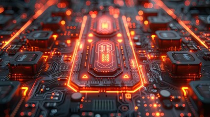 Obraz premium Futuristic circuit board illuminated by neon lights featuring intricate details of electronic components, ideal for technology and innovation concepts