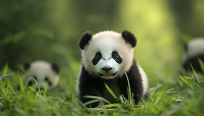 Fototapeta premium Adorable Panda Cub in Lush Green Forest