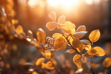 Fototapeta premium Orange calming aura rural landscape. Jesienna łąka, astry o wschodzie słońca, tapeta. 