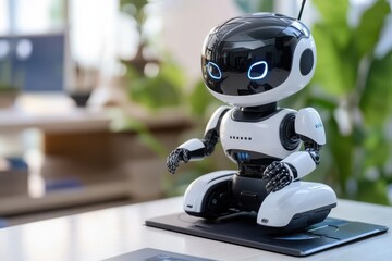 Cute and Friendly Robot with Big Blue Eyes Sitting on a Desk Surrounded by Green Plants and Modern Office Decor, Perfect for Technology and Future Concepts