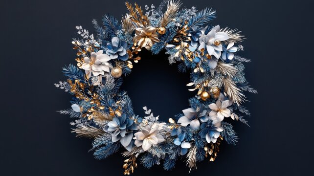 luxury blue silver and gold theme wreath with an abundance of foliage with eucalptus
