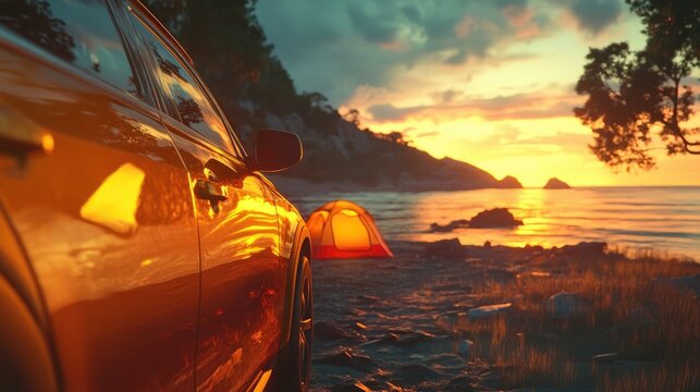 A modern SUV parked near a campsite at a picturesque mountain lake at sunset