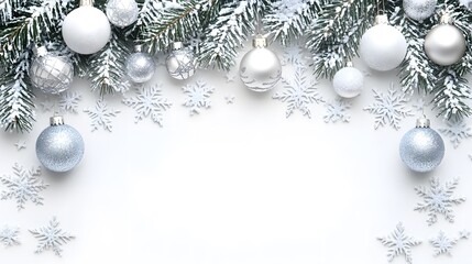 Festive silver and white Christmas ornaments and snowflakes border on white background.