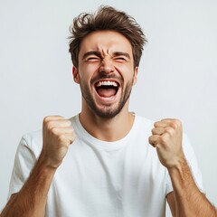 Man celebrates win with joy and pride.
