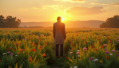 Fototapeta premium a man standing in a field of flowers looking at the sun at sunrise
