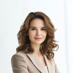 Fototapeta premium potrait a caucasian american european russian Professional bussiness woman TV news anchor presenter smiling elegant attire wearing cream formal woman suits a white background AI generate