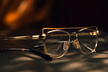 Glasses for sight and vision correction and protection from computer on the wooden table Eyeglasses on a black background, close-up shot.

