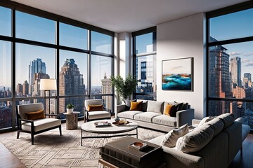 Fototapeta premium Chic Urban Loft Visualization with Expansive Windows and Contemporary Interior Design
