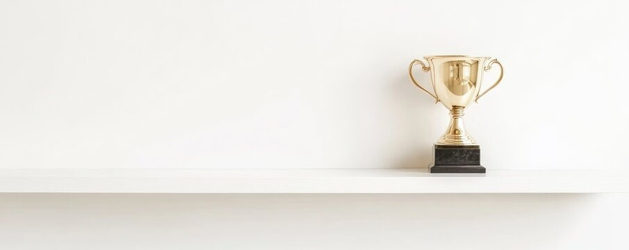 A shiny gold trophy sits on a minimalist white shelf, symbolizing achievement and success.