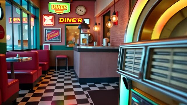 Retro 1950s American Diner Interior with Jukebox and Booths