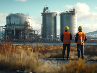 Obraz premium Workers Observing Industrial Plant Operations