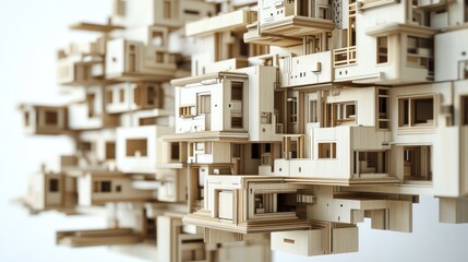 Abstract wooden city, futuristic architecture.