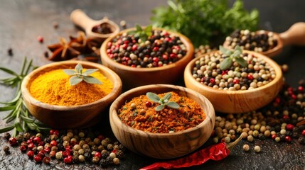 A vibrant assortment of spices in wooden bowls, featuring colorful powders and whole peppercorns, set against a dark background.