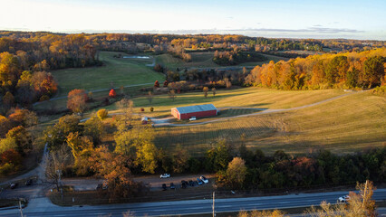 Aerial view of Okehocking Preserve in the suburb of Philadelphia at sunset time in late autumn, Newtown Square, Pennsylvania, USA
