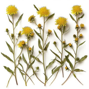 Five stems of pressed yellow flowers of ixeris stolonifera with leaves arranged vertically on a white background