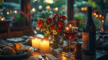 Romantic dinner setting with red roses, wine, and candlelight ambiance.