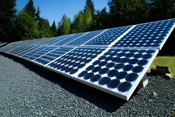 Solar panels installed on a gravel surface, harnessing renewable energy from sunlight.