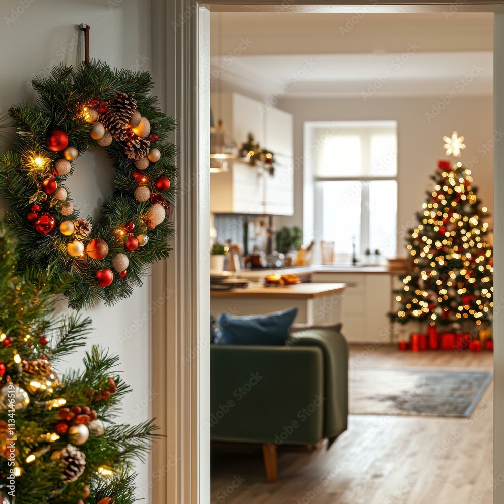 Sticker Festive Christmas wreath adorns a doorway, with a decorated tree visible in the background. AI.