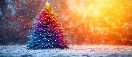 Fototapeta premium Colorful Christmas tree in snowy winter scene.