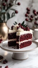 A slice of red velvet cake topped with cream and berries, served on a decorative plate.