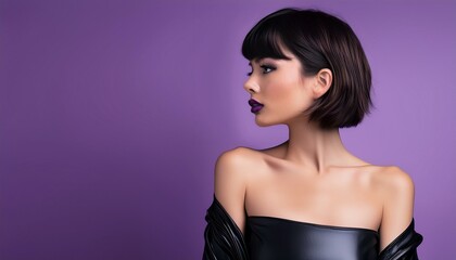 Fototapeta premium studio portrait of a brunette woman with short hair and nude shoulders wearing a low cut black leather mini dress and collar on purple background 