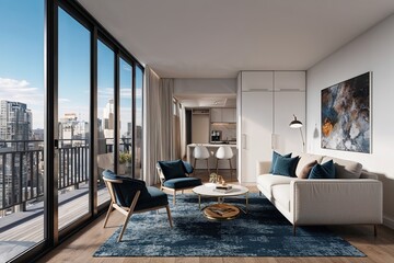 Obraz premium 3D Representation of Chic Studio Apartment with Large Glass Windows and Modern Furnishings
