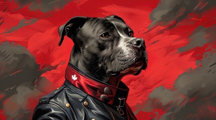 Obraz premium cartoon black and white pitbull wearing captain canada armor, comic style