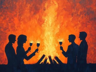 Acrylic depiction of a warm New Year s Eve bonfire, sparklers glowing as friends gather to celebrate