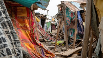A collapsed tent market, with colorful fabric coverings lying in disarray and wooden stalls broken and leaning