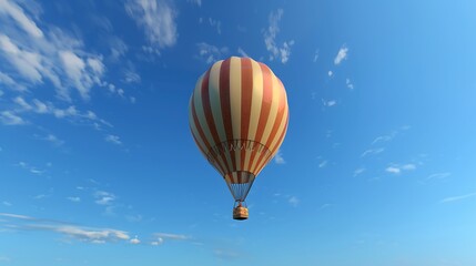 A solitary hot air balloon drifting across a clear blue sky.