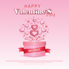 Valentine's Day sale poster or banner with gift box and many hearts