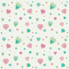 Seamless pattern with pink and pastel green hearts on a beige background