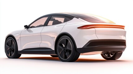 Fototapeta premium A 2024 eco-friendly electric car with sleek design elements, isolated on a white background