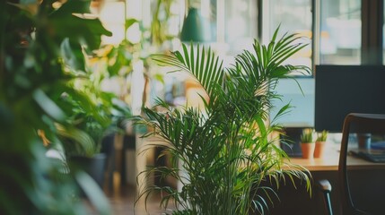 A vibrant coworking space where professionals collaborate on projects at shared desks. Modern furniture, lush indoor plants, and warm natural light create a productive and inspiring environment 