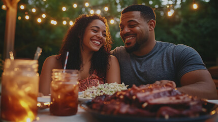 Cozy Southern BBQ Night: Young Couple Smile Happy Dining on Pulled Pork and Ribs in Warm Backyard Ambiance