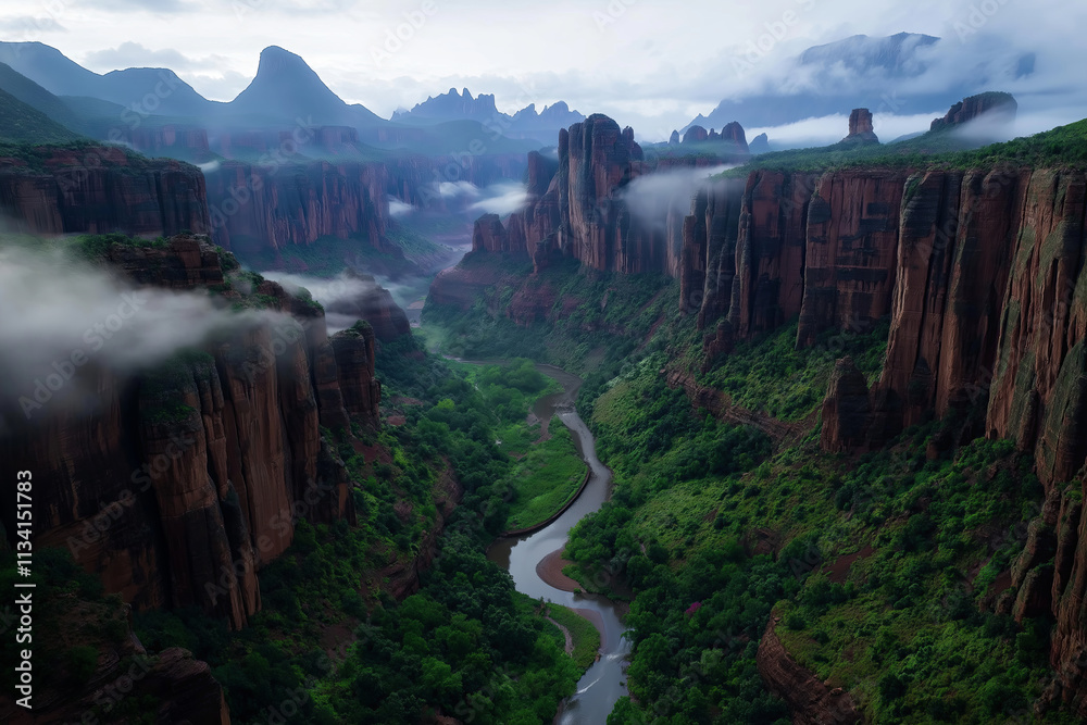 Poster a misty canyon with a winding river flowing through layers of jagged rock formations