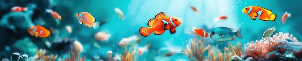 Tropical fish in a detailed underwater setting, isolated on aqua