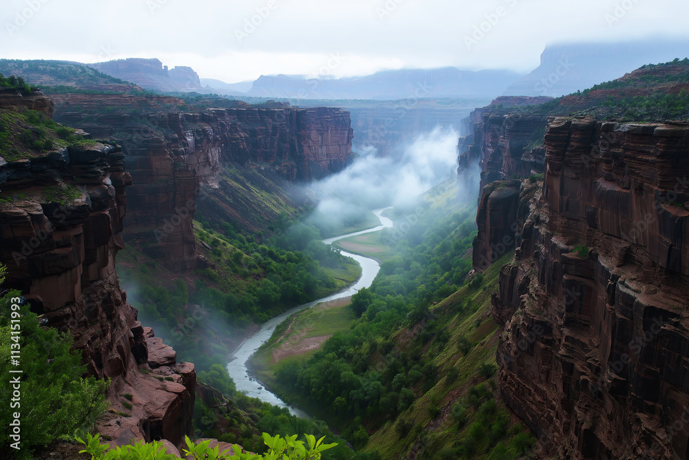 Poster a misty canyon with a winding river flowing through layers of jagged rock formations