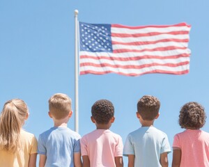 Patriotic Children Celebrating Pledge of Allegiance Day Under American Flag – Fourth of July & Veterans Day Themes
