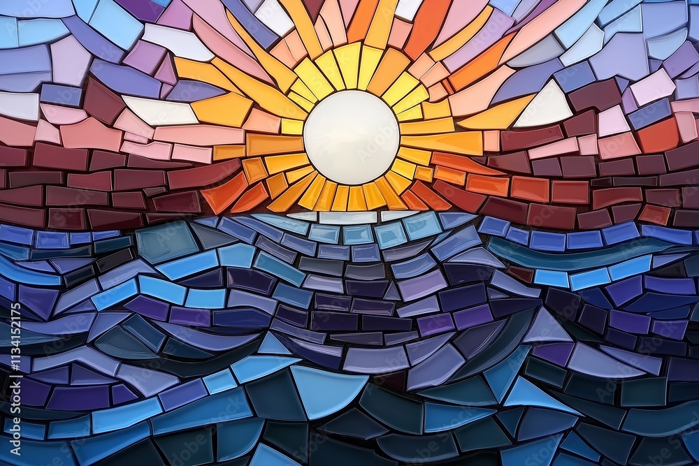 Poster a mosaic-inspired image of a sunrise over the ocean, made with tiny tiles